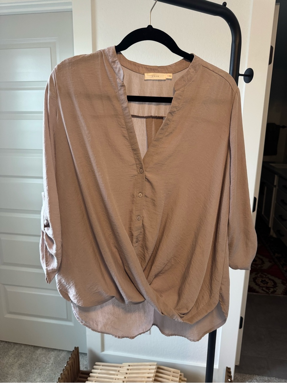Lush Taupe Draped Button-Front Blouse